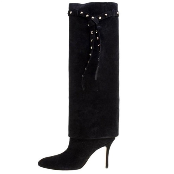 Valentino boots Suede Knee High Rockstud Heeled Tall in Black size 37 / 7 - Picture 1 of 14